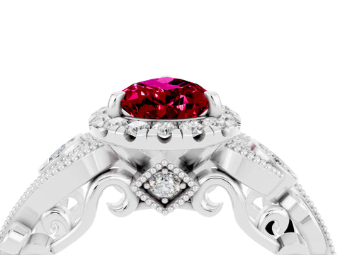 White gold Pear Cut Garnet Halo Ring with Milgrain Pavé Band and Four-Prong Setting_16