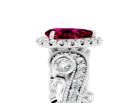 White gold Pear Cut Garnet Halo Ring with Milgrain Pavé Band and Four-Prong Setting_17