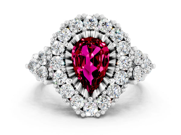 Platinum Pear Cut Garnet Halo Ring with Pavé Band and Four-Prong Setting