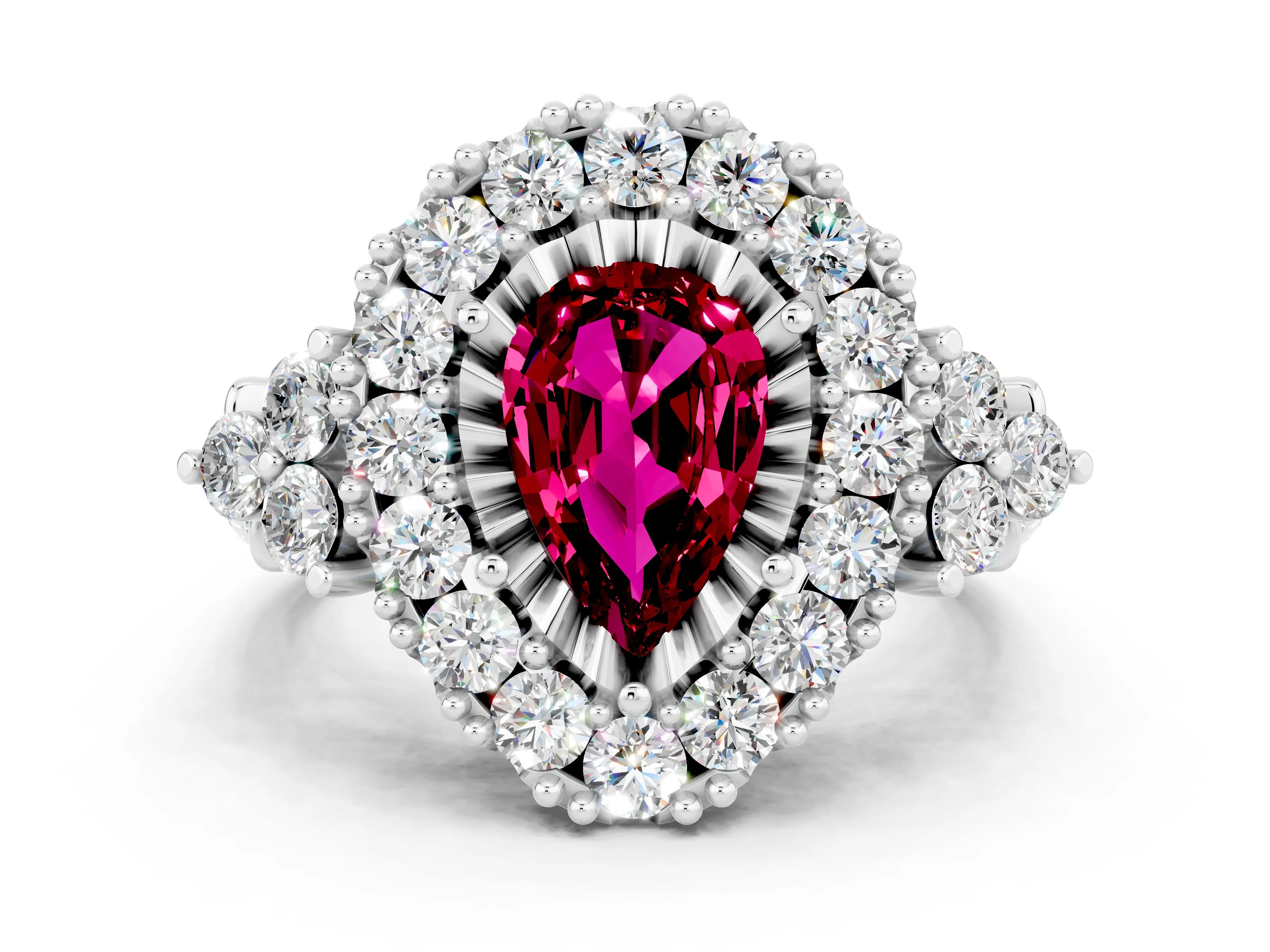 White gold Pear Cut Garnet Halo Ring with Pavé Band and Four-Prong Setting_12