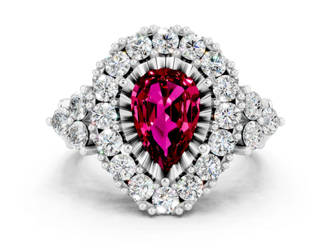 White gold Pear Cut Garnet Halo Ring with Pavé Band and Four-Prong Setting_12