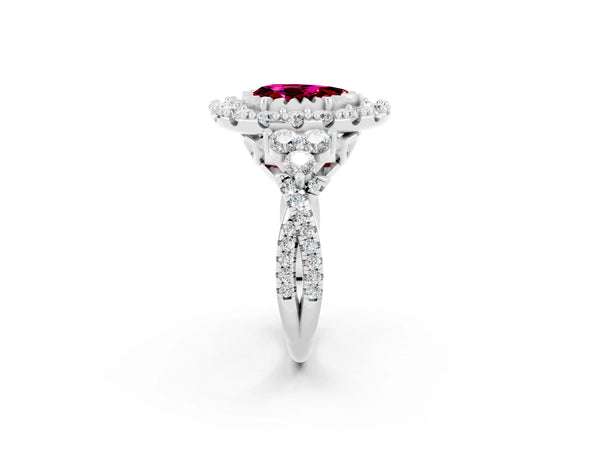 Platinum Pear Cut Garnet Halo Ring with Pavé Band and Four-Prong Setting