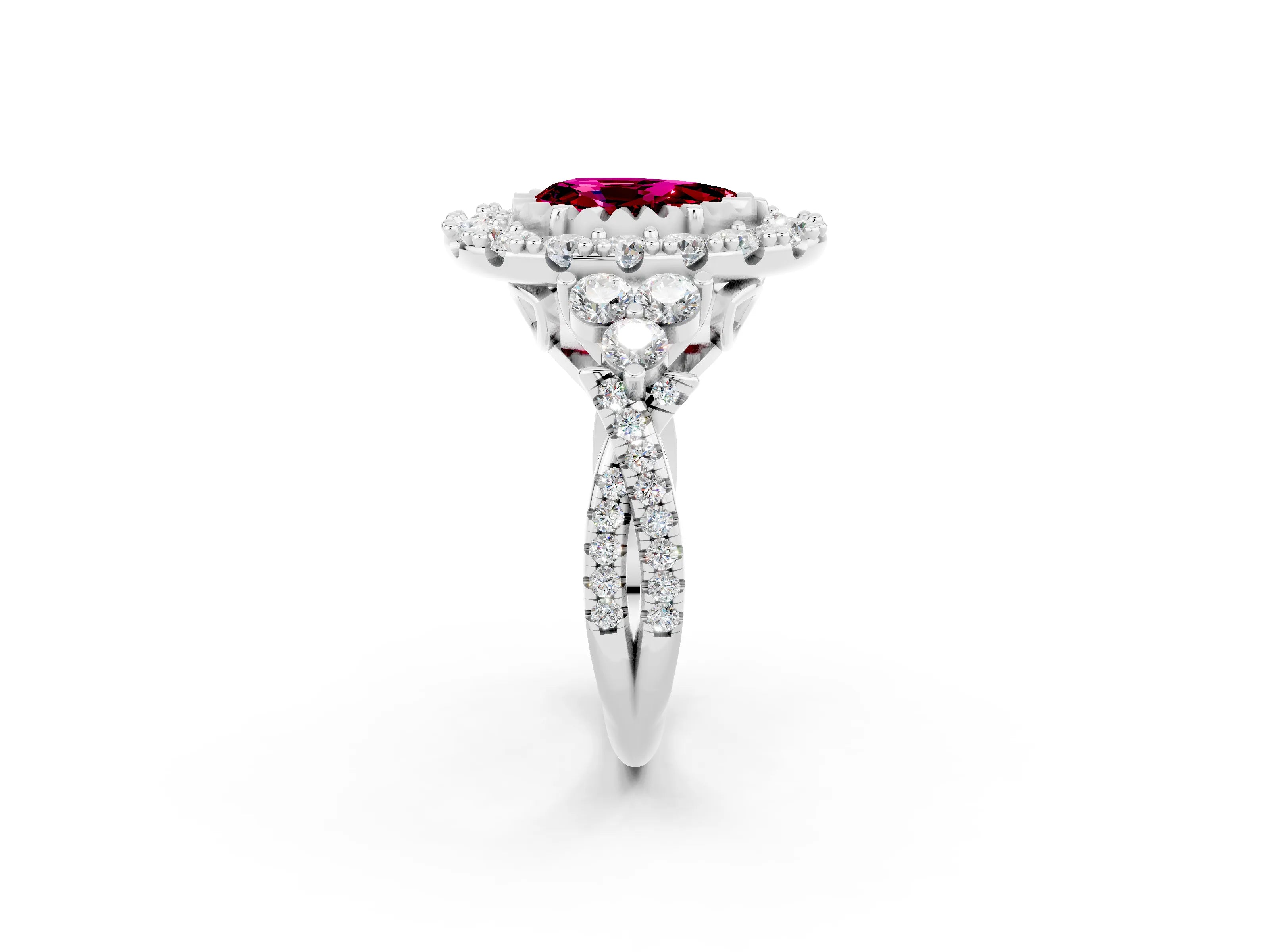 White gold Pear Cut Garnet Halo Ring with Pavé Band and Four-Prong Setting_14