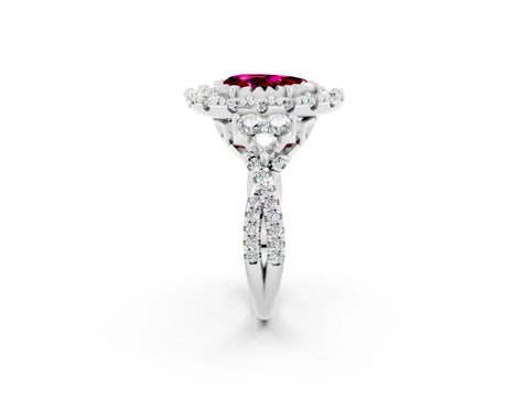White gold Pear Cut Garnet Halo Ring with Pavé Band and Four-Prong Setting_14
