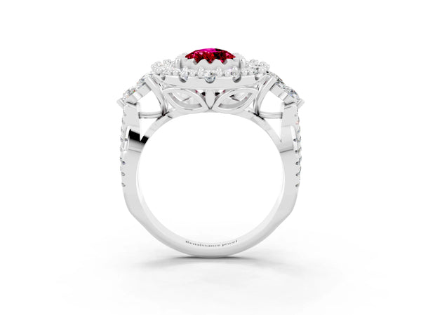 White gold Pear Cut Garnet Halo Ring with Pavé Band and Four-Prong Setting