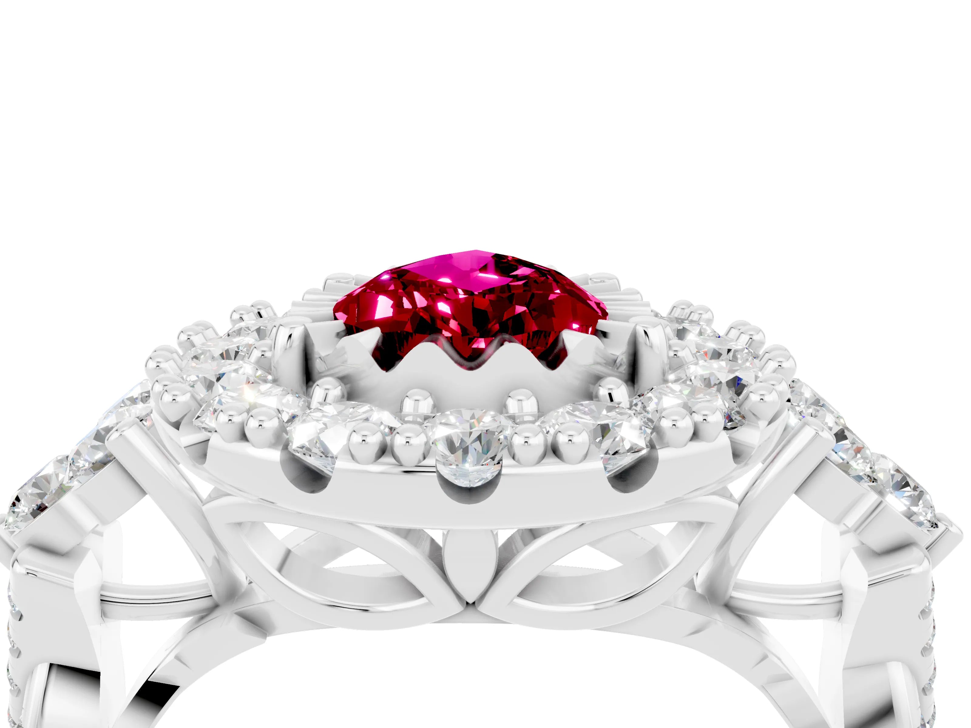 White gold Pear Cut Garnet Halo Ring with Pavé Band and Four-Prong Setting_16