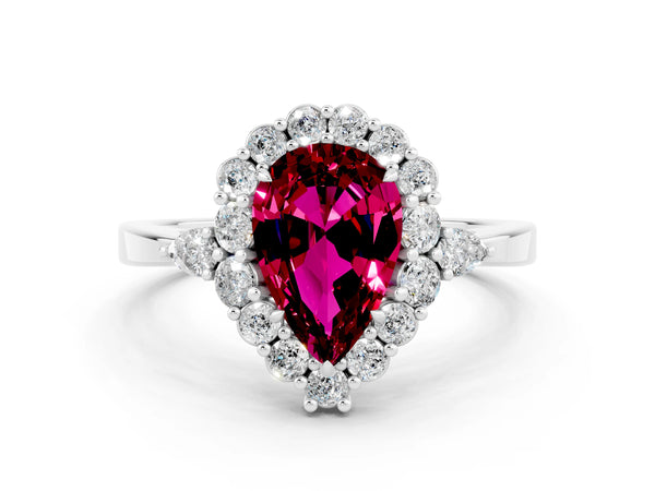 Silver Pear Cut Garnet Halo Ring with Pear Side Stones and Prong Setting