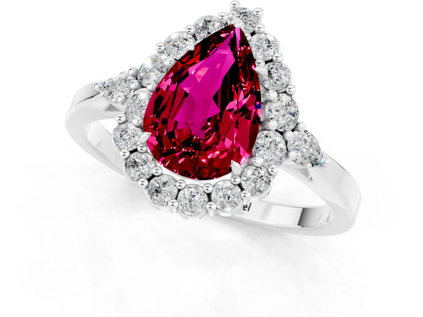 White gold Pear Cut Garnet Halo Ring with Pear Side Stones and Prong Setting