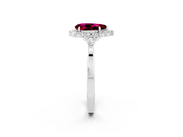 Platinum Pear Cut Garnet Halo Ring with Pear Side Stones and Prong Setting