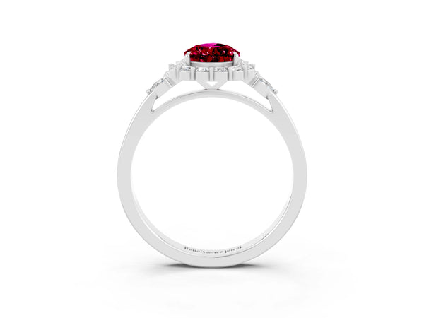 White gold Pear Cut Garnet Halo Ring with Pear Side Stones and Prong Setting