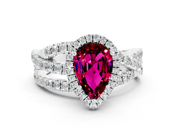 Platinum Pear Cut Garnet Halo Ring with Round Split Shank and Prong Setting