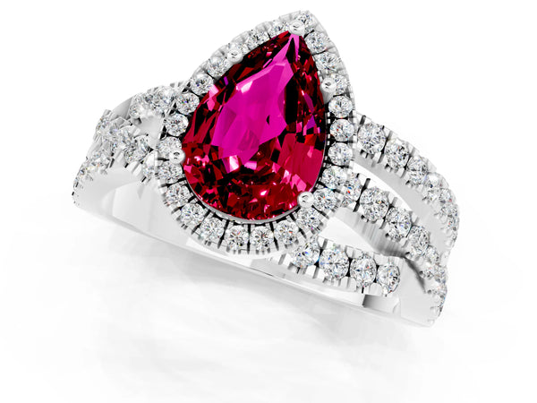 Platinum Pear Cut Garnet Halo Ring with Round Split Shank and Prong Setting