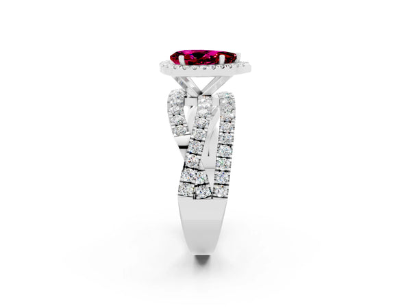 Silver Pear Cut Garnet Halo Ring with Round Split Shank and Prong Setting