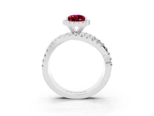 Platinum Pear Cut Garnet Halo Ring with Round Split Shank and Prong Setting
