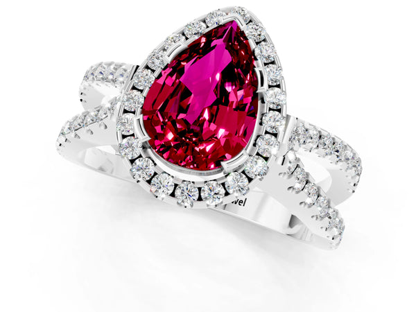 Silver Pear Cut Garnet Halo Ring with Split Shank Pavé Band and Prong Setting