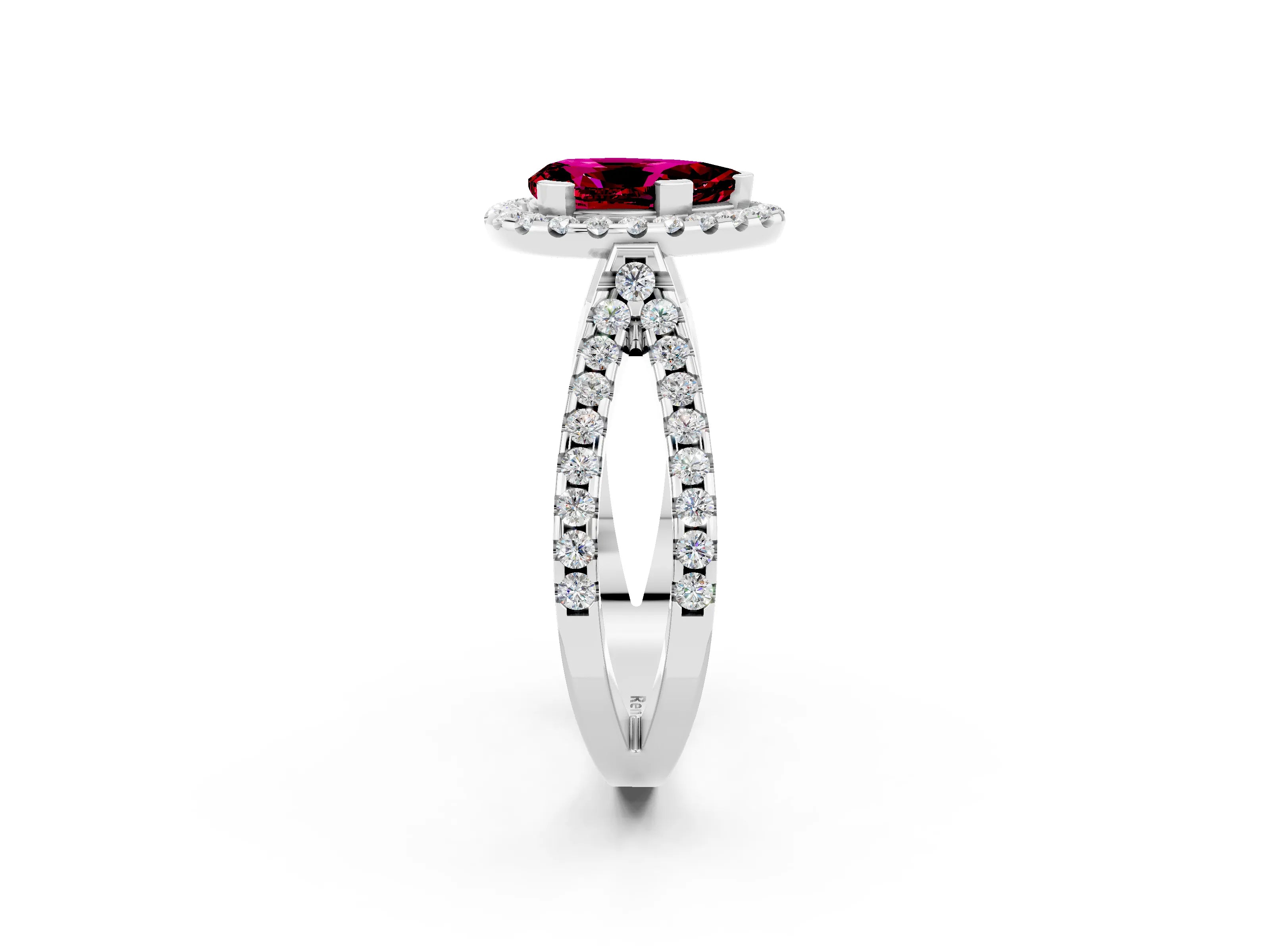 White gold Pear Cut Garnet Halo Ring with Split Shank Pavé Band and Prong Setting_2