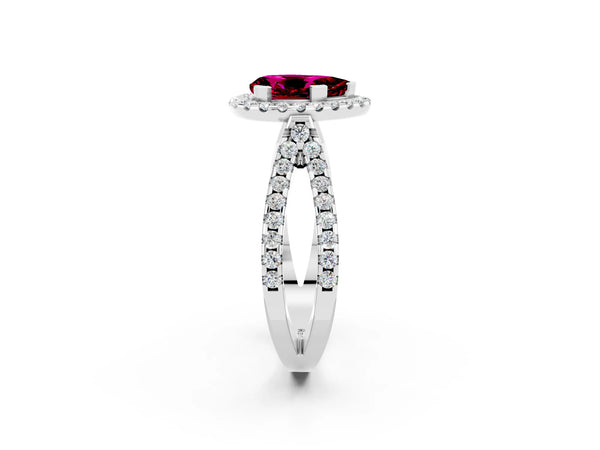 Platinum Pear Cut Garnet Halo Ring with Split Shank Pavé Band and Prong Setting