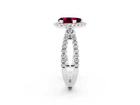 White gold Pear Cut Garnet Halo Ring with Split Shank Pavé Band and Prong Setting_2