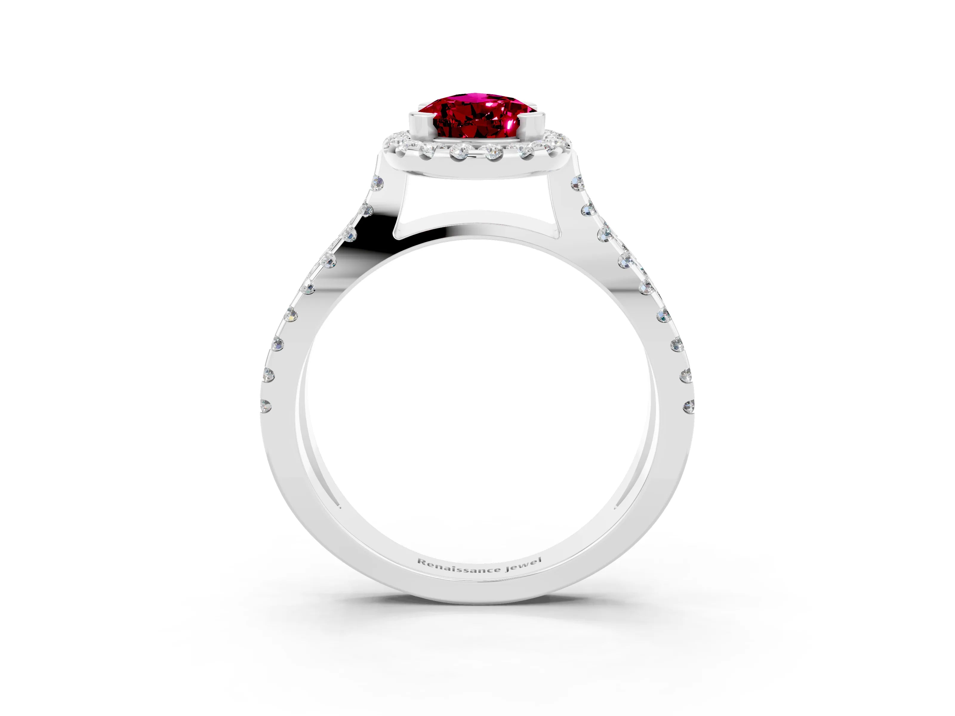 White gold Pear Cut Garnet Halo Ring with Split Shank Pavé Band and Prong Setting_3