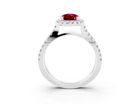 White gold Pear Cut Garnet Halo Ring with Split Shank Pavé Band and Prong Setting_3