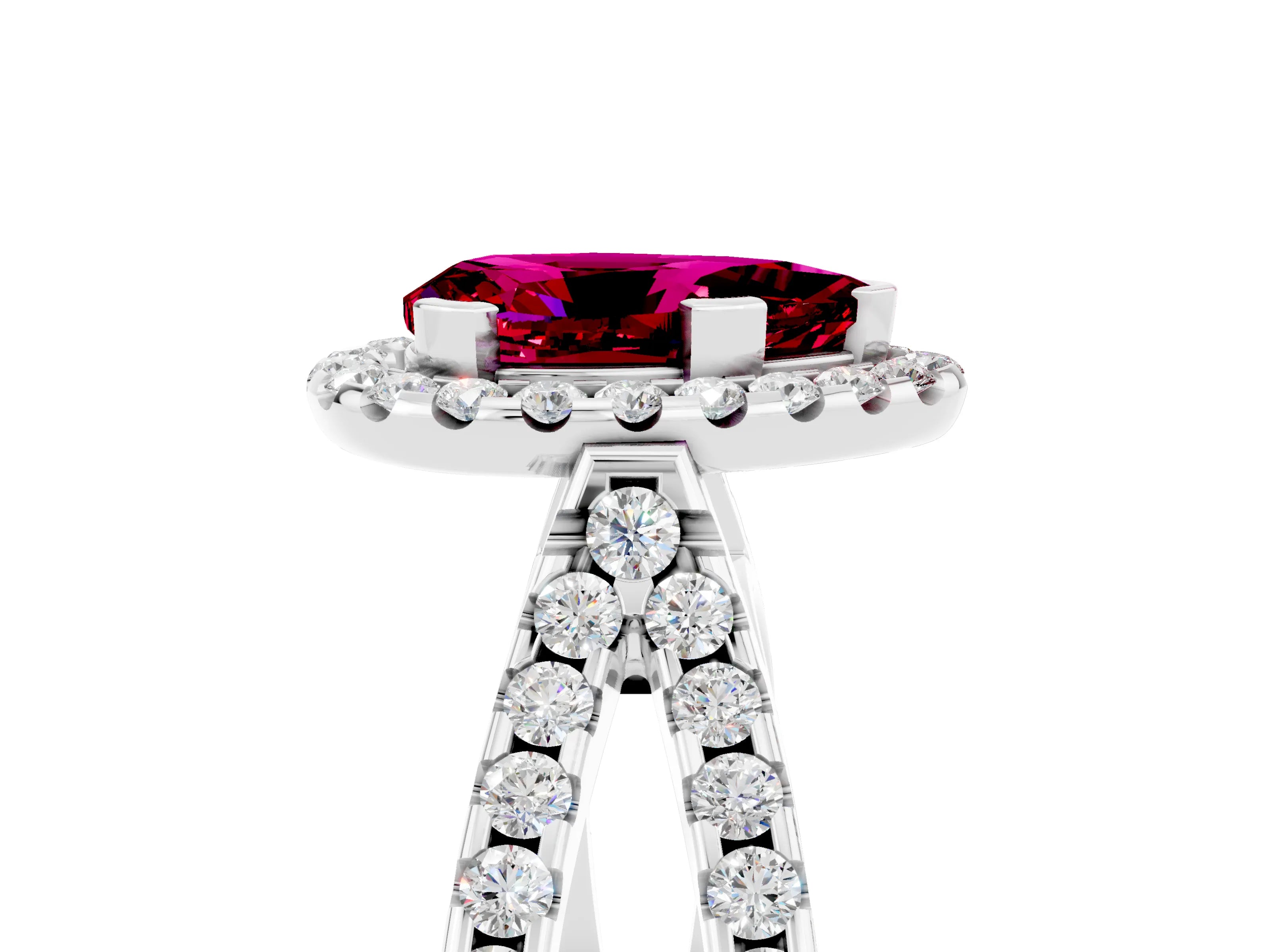 White gold Pear Cut Garnet Halo Ring with Split Shank Pavé Band and Prong Setting_5