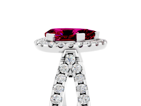 White gold Pear Cut Garnet Halo Ring with Split Shank Pavé Band and Prong Setting_5