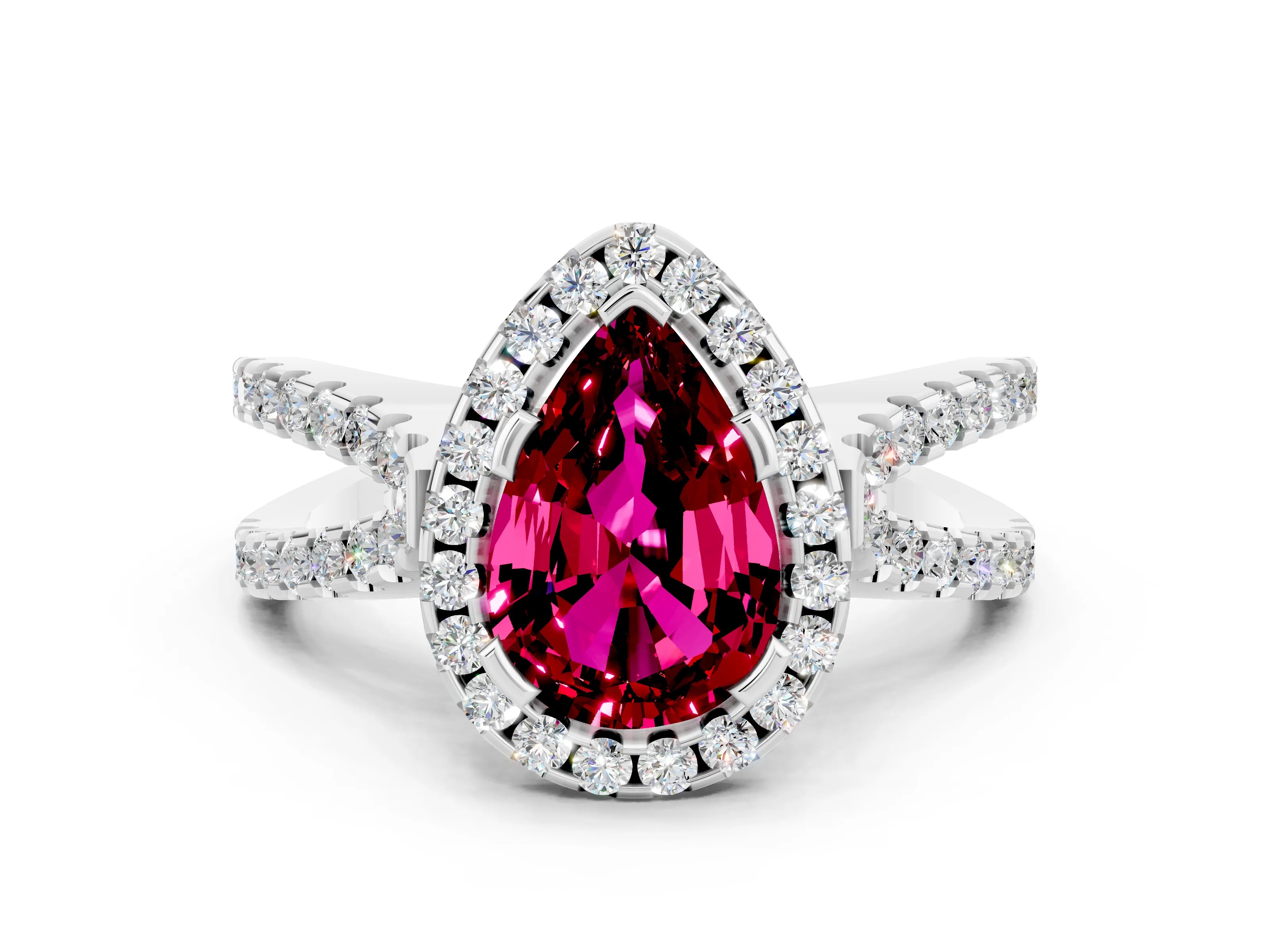 White gold Pear Cut Garnet Halo Ring with Split Shank Pavé Band and Prong Setting