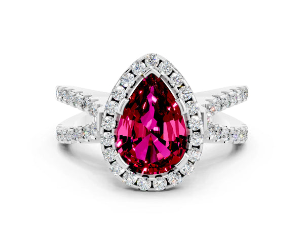 White gold Pear Cut Garnet Halo Ring with Split Shank Pavé Band and Prong Setting