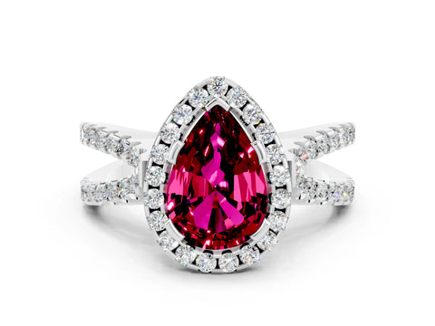 White gold Pear Cut Garnet Halo Ring with Split Shank Pavé Band and Prong Setting