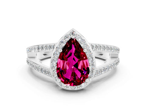 White gold Pear Cut Garnet Halo Ring with Split Shank U-Prong Band and Four-Prong Setting