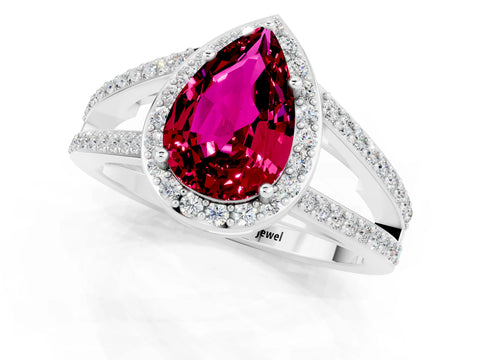White gold Pear Cut Garnet Halo Ring with Split Shank U-Prong Band and Four-Prong Setting_1
