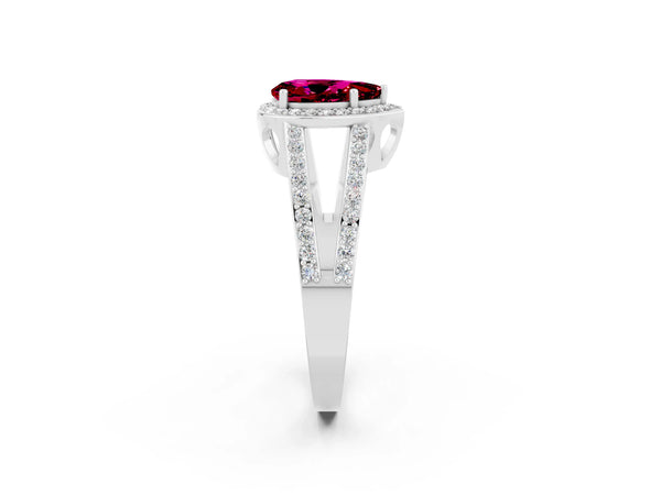 Silver Pear Cut Garnet Halo Ring with Split Shank U-Prong Band and Four-Prong Setting