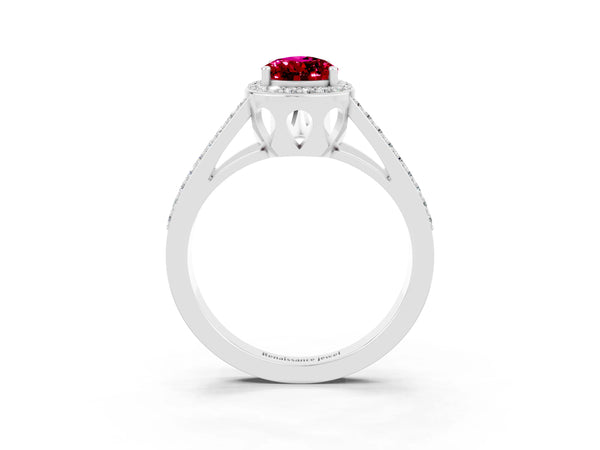 White gold Pear Cut Garnet Halo Ring with Split Shank U-Prong Band and Four-Prong Setting