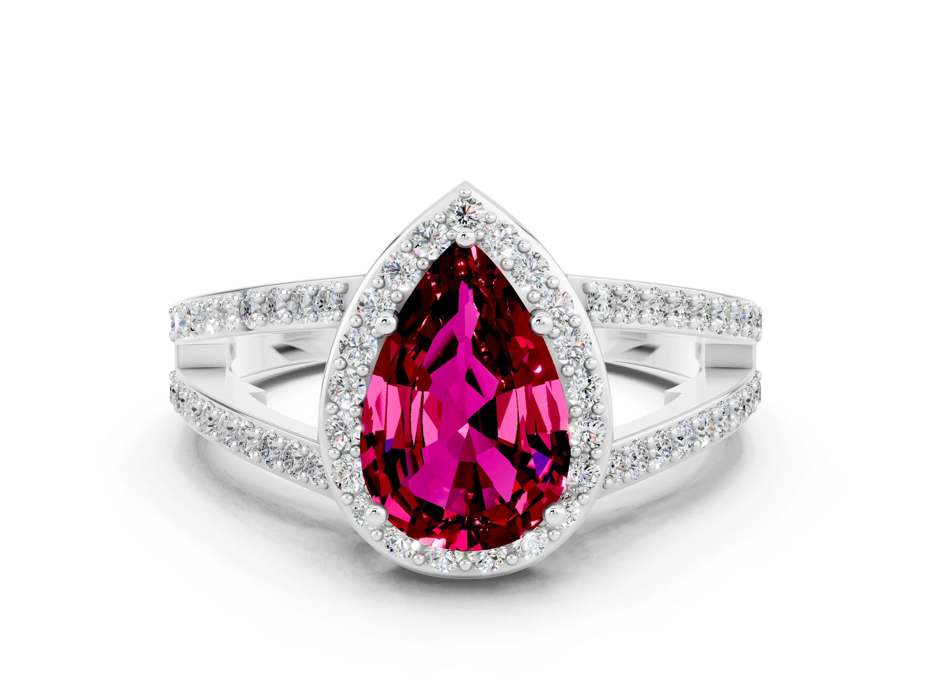 White gold Pear Cut Garnet Halo Ring with Split Shank U-Prong Band and Four-Prong Setting
