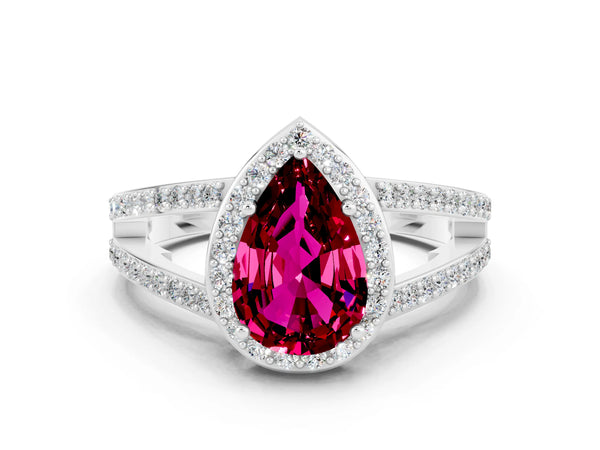 White gold Pear Cut Garnet Halo Ring with Split Shank U-Prong Band and Four-Prong Setting