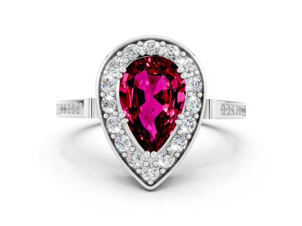 Platinum Pear Cut Garnet Halo Ring with Split Shank and Four-Prong Setting