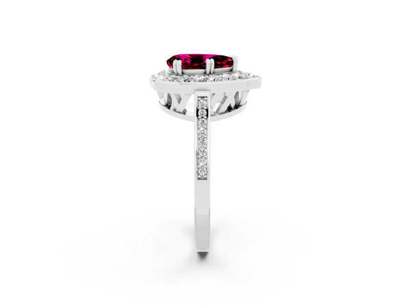 White gold Pear Cut Garnet Halo Ring with Split Shank and Four-Prong Setting