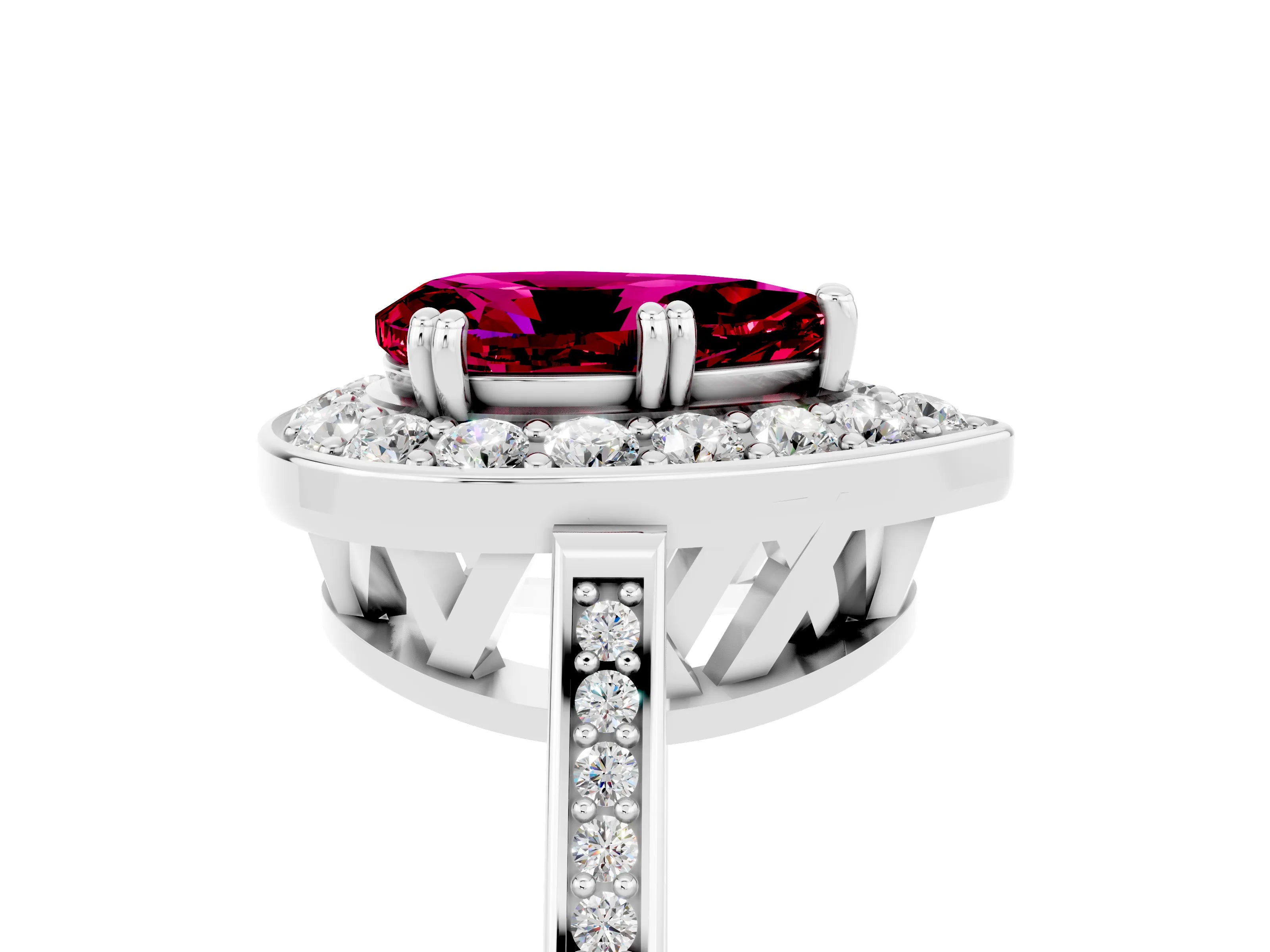 White gold Pear Cut Garnet Halo Ring with Split Shank and Four-Prong Setting_17