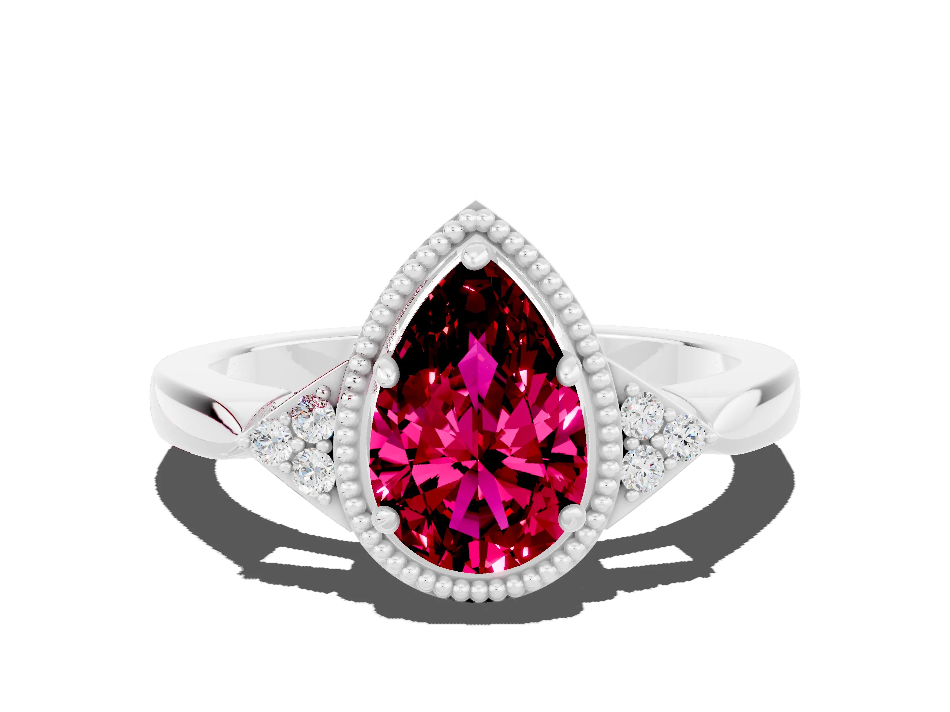 White gold Pear Cut Garnet Halo Ring with Tapered Band and Four-Prong Setting