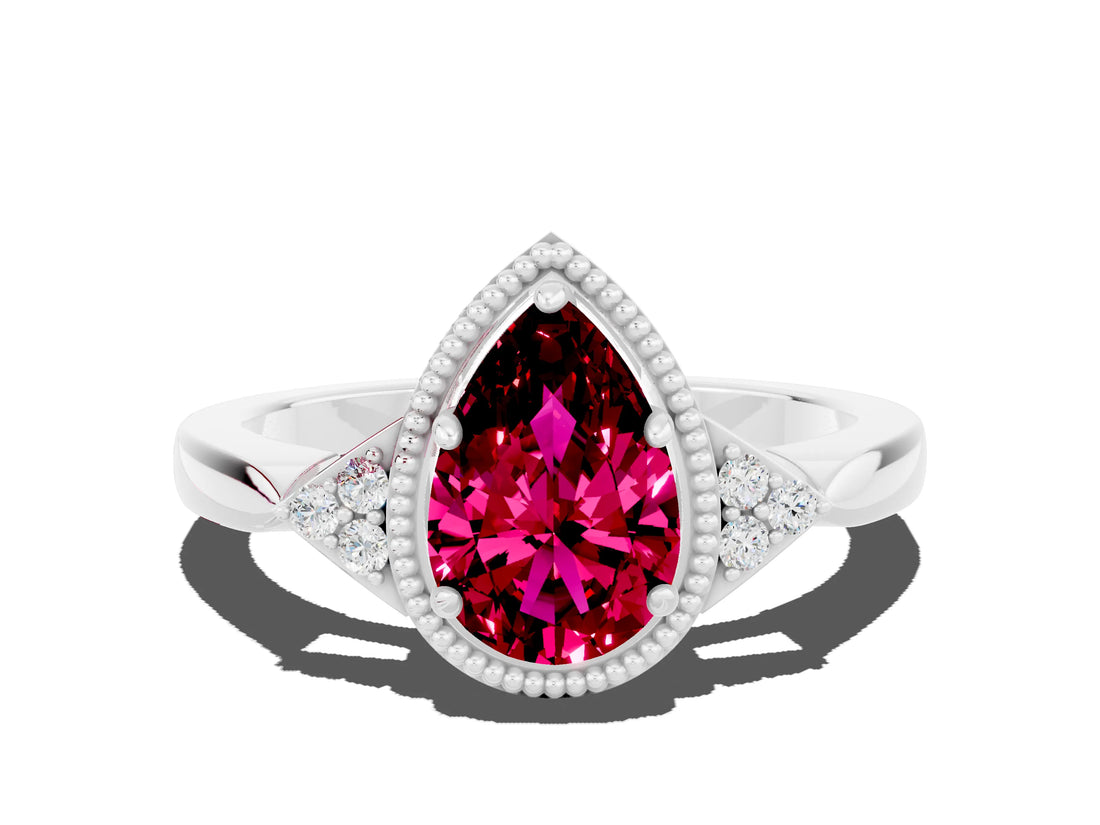 White gold Pear Cut Garnet Halo Ring with Tapered Band and Four-Prong Setting