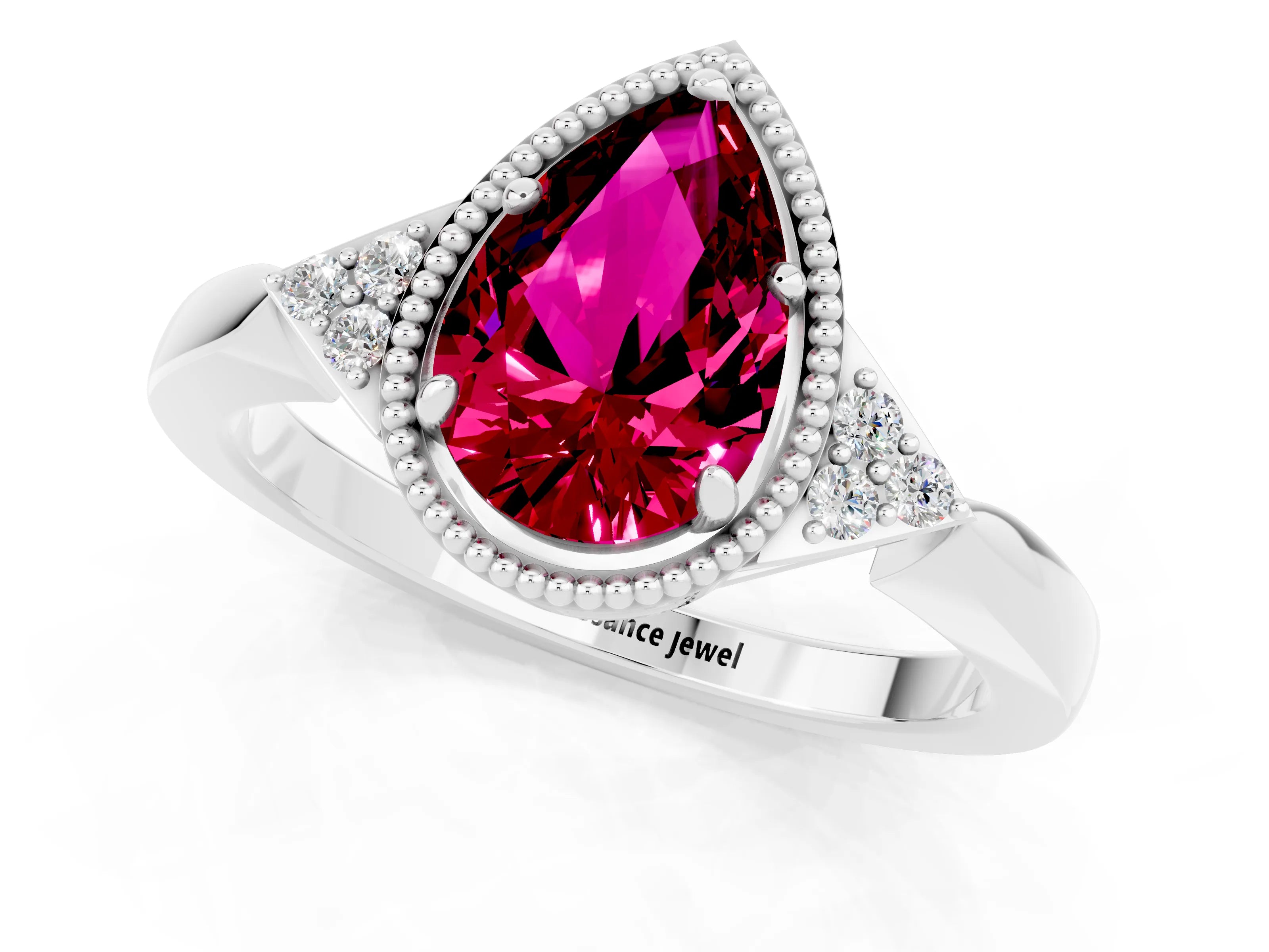 White gold Pear Cut Garnet Halo Ring with Tapered Band and Four-Prong Setting_1