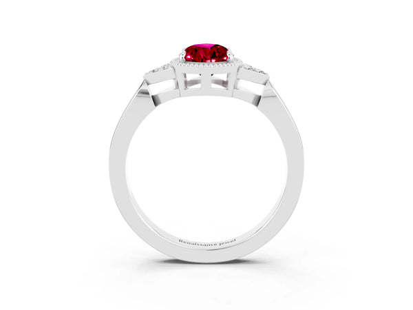 White gold Pear Cut Garnet Halo Ring with Tapered Band and Four-Prong Setting