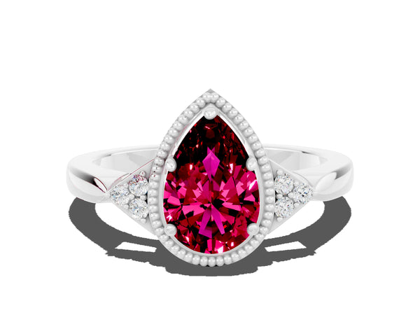 Silver Pear Cut Garnet Halo Ring with Tapered Band and Four-Prong Setting