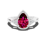 White gold Pear Cut Garnet Halo Ring with Tapered Band and Four-Prong Setting