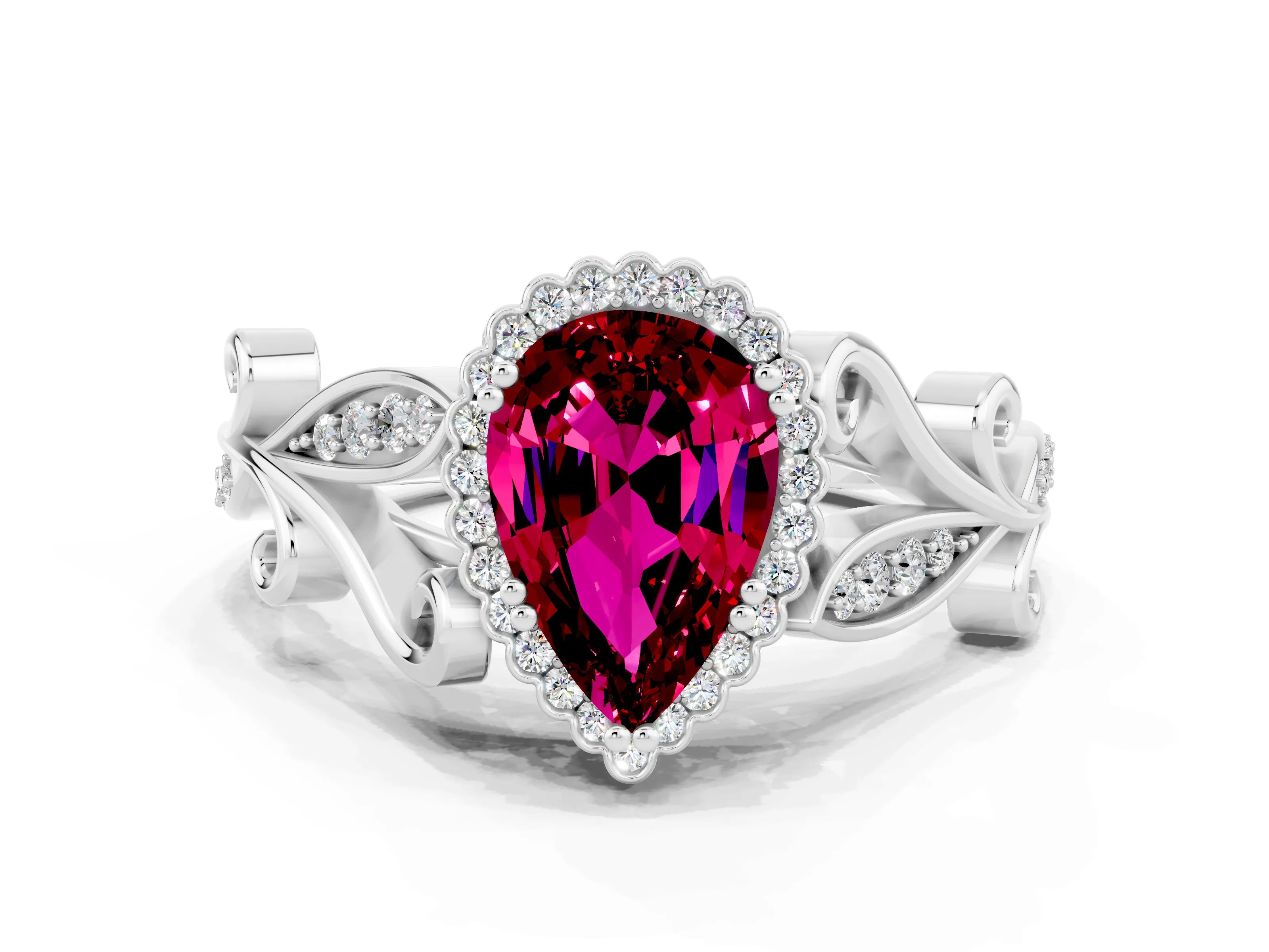 White gold Pear Cut Garnet Halo Ring with Vintage Split Shank and Four-Prong Setting