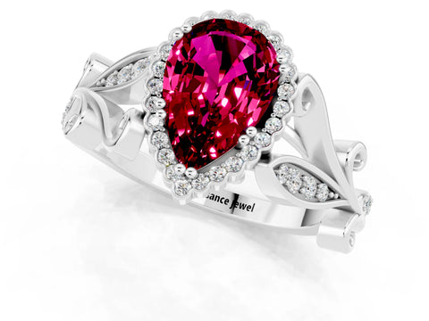 White gold Pear Cut Garnet Halo Ring with Vintage Split Shank and Four-Prong Setting_1