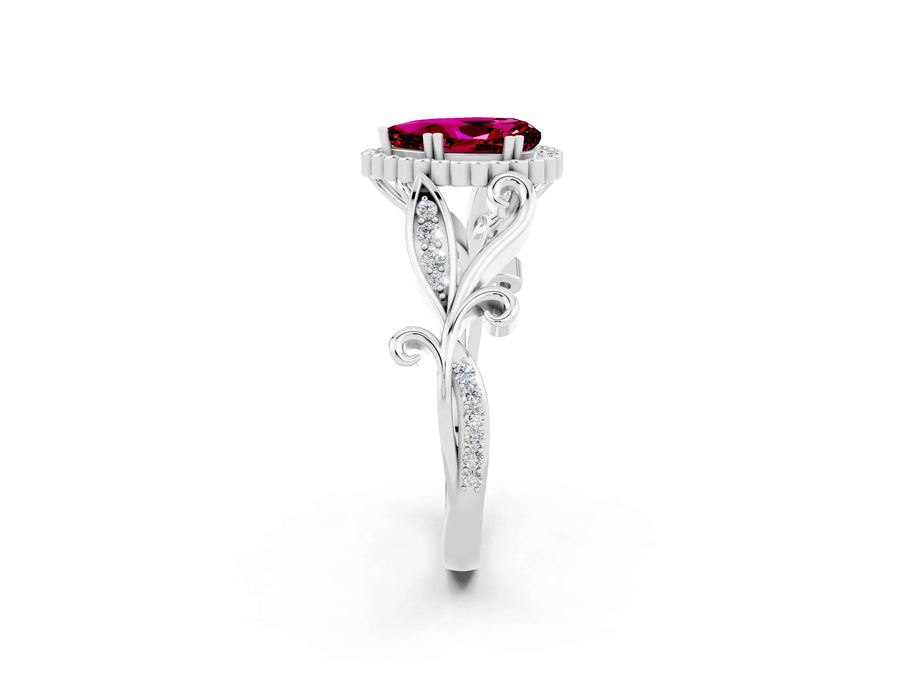 White gold Pear Cut Garnet Halo Ring with Vintage Split Shank and Four-Prong Setting_2