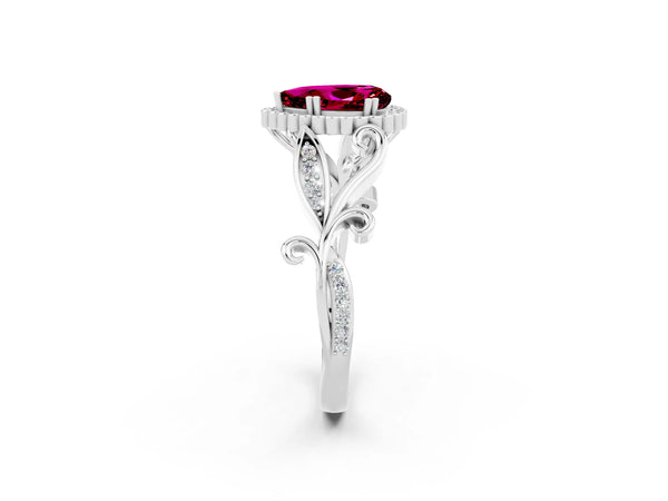 Silver Pear Cut Garnet Halo Ring with Vintage Split Shank and Four-Prong Setting