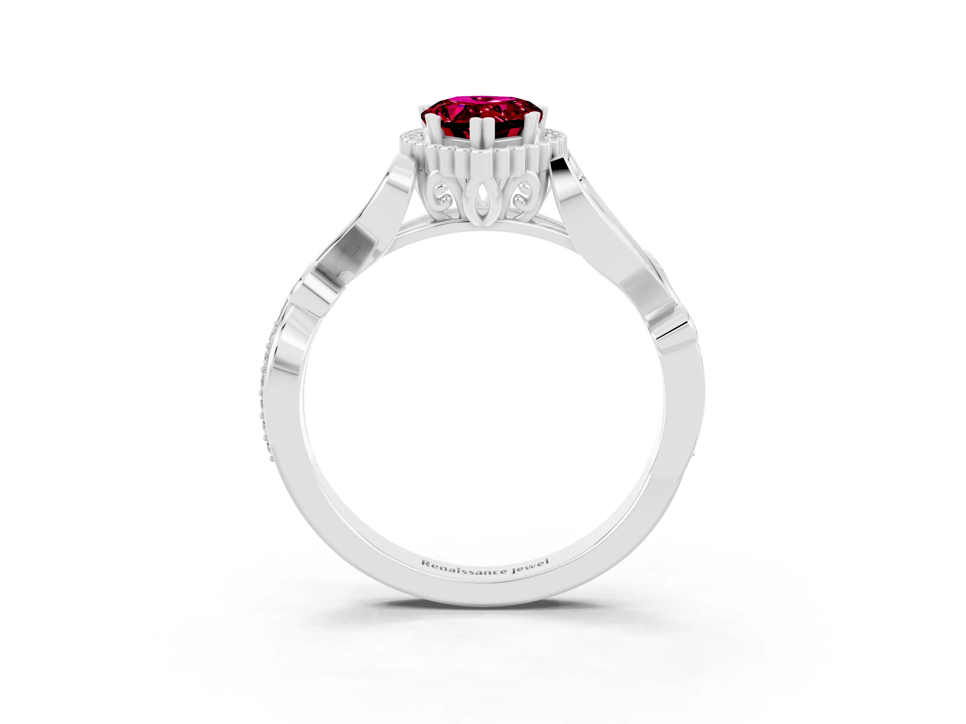 White gold Pear Cut Garnet Halo Ring with Vintage Split Shank and Four-Prong Setting_3