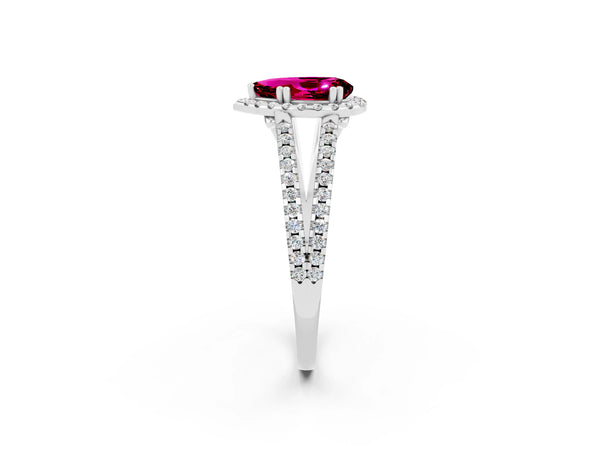 Silver Pear Cut Garnet Halo Split Shank Engagement Ring